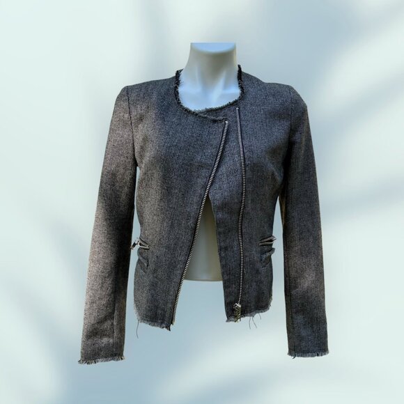 MNG Casual Womens Tweed Zipper Jacket - XS / S - Gray With Frayed Edges & Pocket - Picture 7 of 13